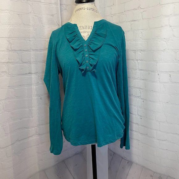LOFT Tops - Anne Taylor Loft Long Sleeve with Ruffle Quarter Button Up Detail! Gently Used!
